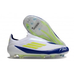 adidas F50 Elite Sin Cordones FG Blanco Amarillo Solar Azul Lúcido