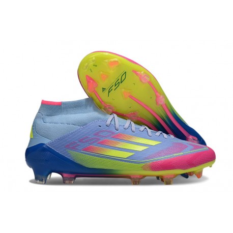 Botas de Futbol adidas F50 Elite Mid FG Azul Fusion Limón Lúcido Rosa Lúcido
